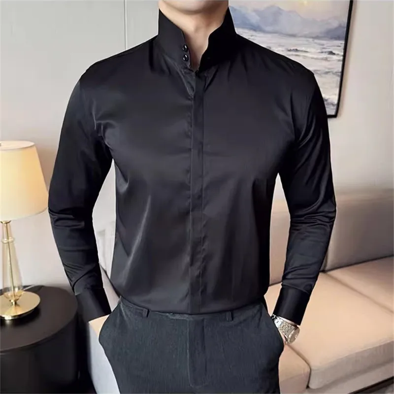 Fashion High collar Shirts Men Spring Autumn Solid Color Long Sleeve Korean Style Smart Casual Shirts Mens Slim Fit Stand Shirt