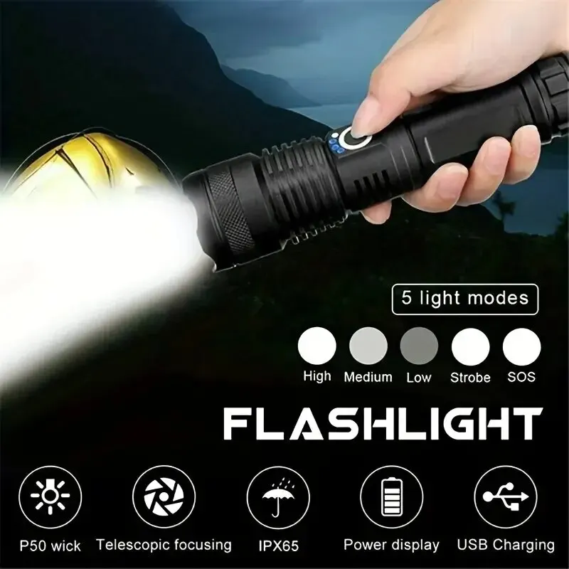 Super Bright 90000 Lumens XHP70 LED Flashlight, USB Rechargeable, Waterproof, 5 Modes, Zoomable Outdoor Torch Battery Included