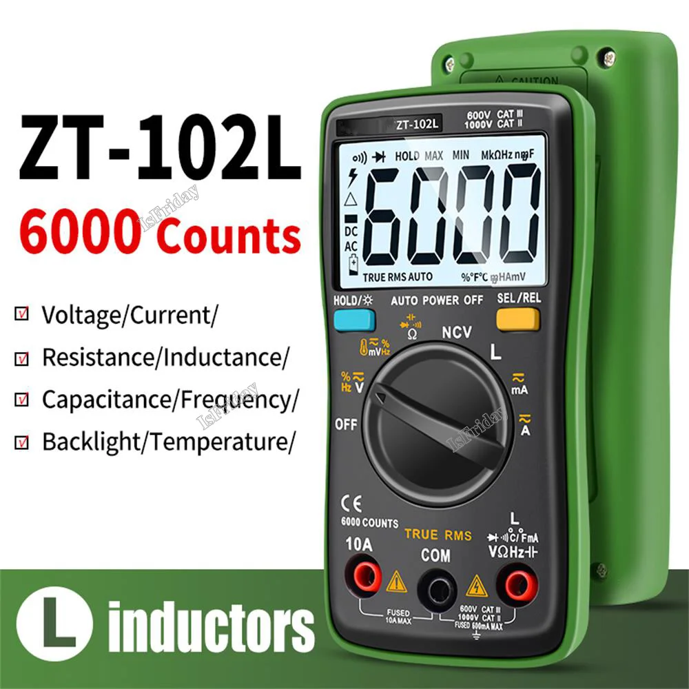 Digital Multimeter LCD 6000 Counts True RMS Current Voltage Capacitance Resistance Inductance Frequency Diode Tester Voltmeter