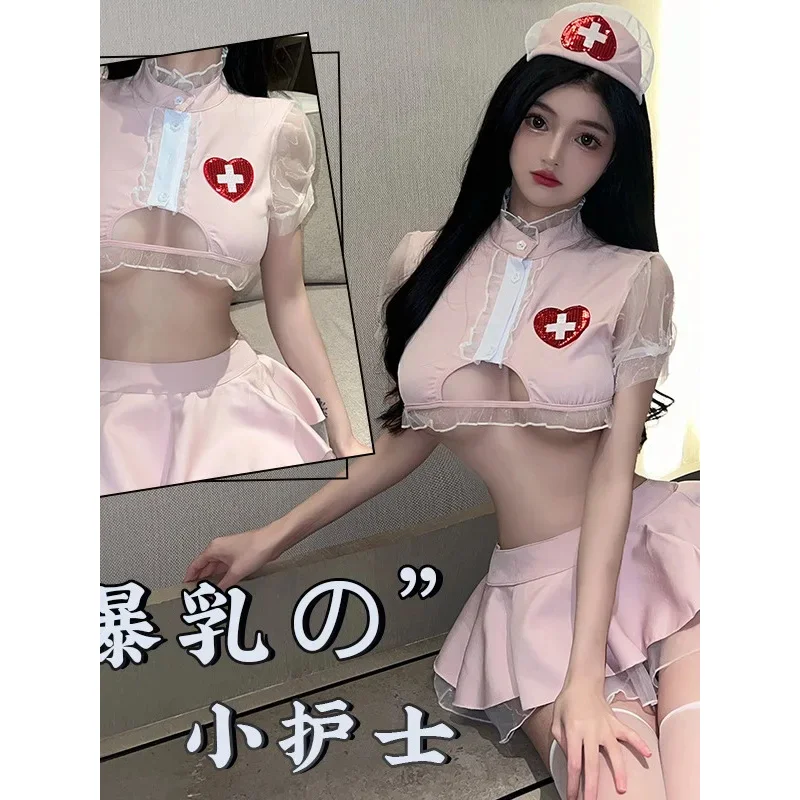 Saia rosa doce conjunto jk plissados sexy conjunto doce enfermeira vestido menina tentação conjuntos roupas bonitos para mulher doce