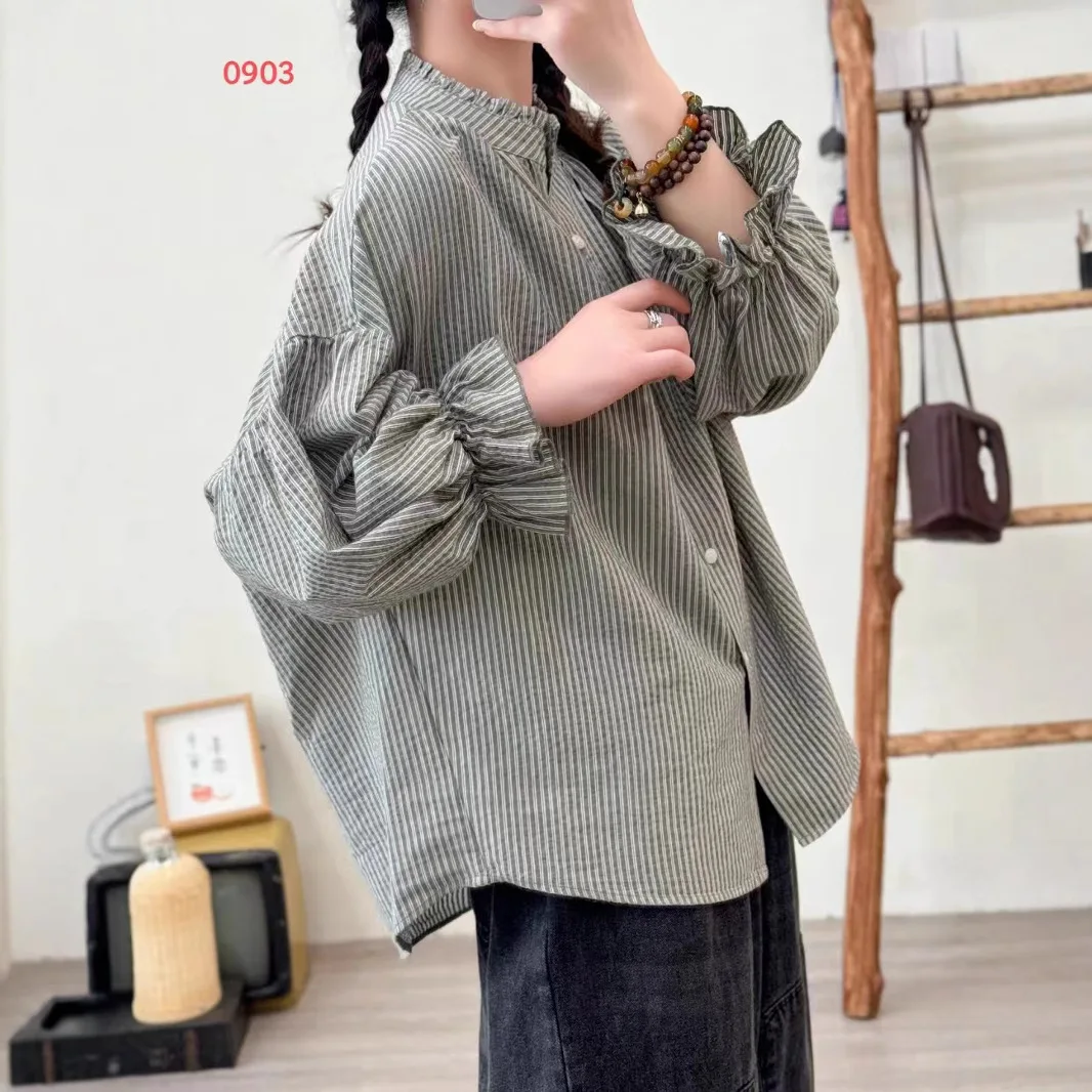 

Высококачественная женская блузка из 100% хлопка, винтажная рубашка с оборками и воротником-стойкой, полосатые блузки с длинными рукавами, рубашка