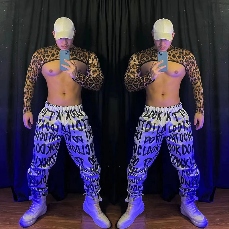 

Nightclub Bar Sexy Pole Dance Costume Men Jazz Dancing Clothes Leopard Tops Letter Pants Muscle Man Gogo Dancer Outfit