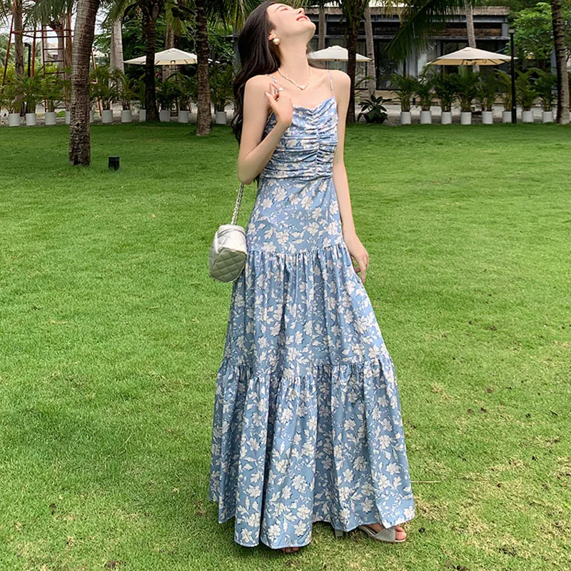 Boho Abito lungo con stampa floreale Donna 2025 Nuova estate Sexy Backless Bowknot Casual Vacanza Beach Stampa Abito lungo Robe