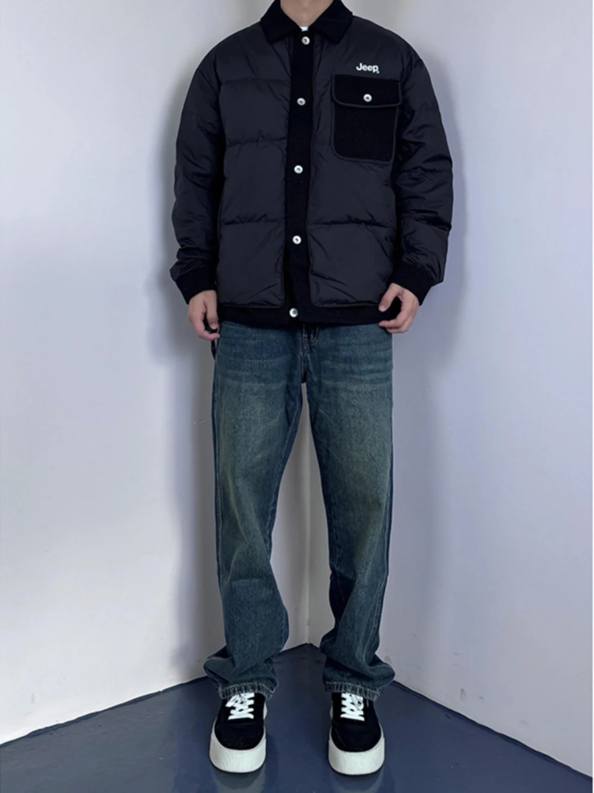 

American Deep Blue Bell Bot Jeans Men's High Waist Slim Straight Leg Long Pants CleanFit Knife Trousers