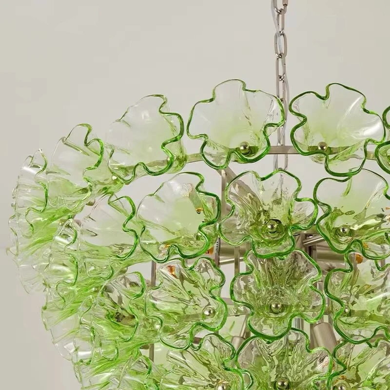 Luxury Green Flower Glass Chandelier Retro Multi Tier Round Hanging Lamp For Loft Living Room Kitchen Table Art Lighting Fixture