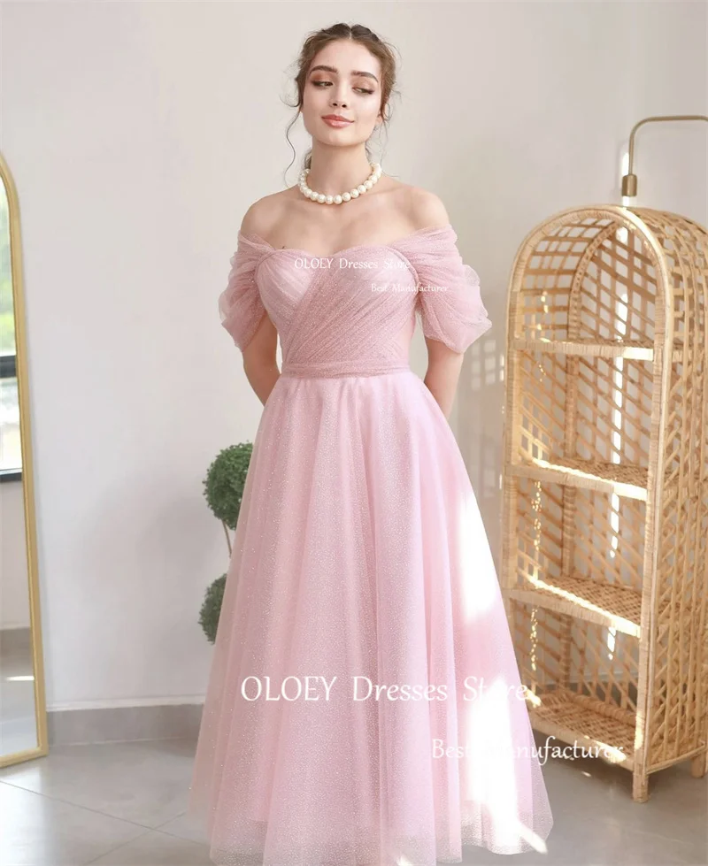 Oloey Sprankelend Lichtblauw Roze Tule Prom Jurken Van De Schouder Enkellengte Roze Homecoming Jurk Formele Avondjurken