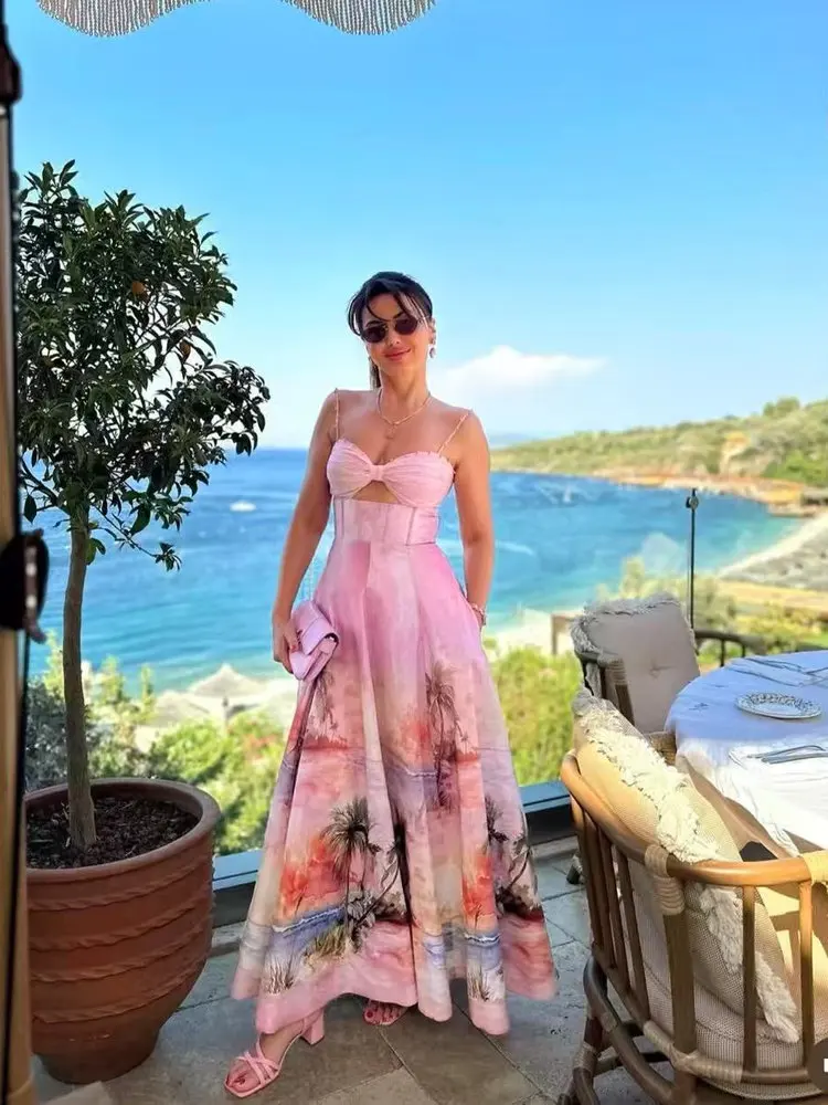   Abito Lungo Floreale con Cintura per Vacanze, in Misto Cotone, Gonna a Linea A per Donne