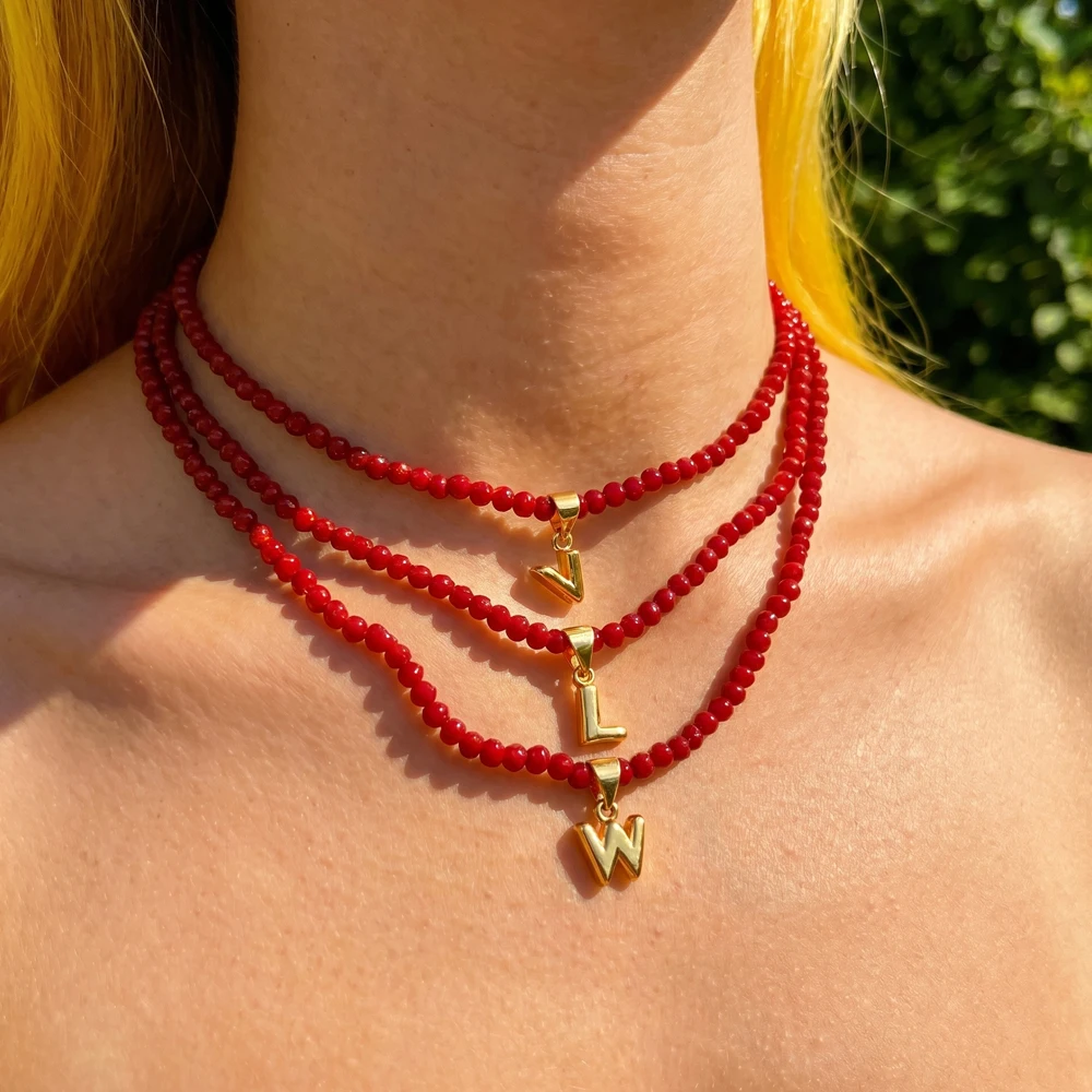 

Stainless Steel Initial Letter Pendant Necklace for Women Bohemian Red Beads Handmade Collor Necklace Summer Jewelry Trendy 2026