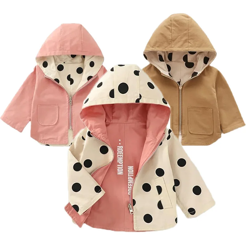 Girls Polka Dot Jackets Spring Wear On Both Sides Coats Kids Windbreaker Fashion Outerwear Children Autumn Casual Clothing