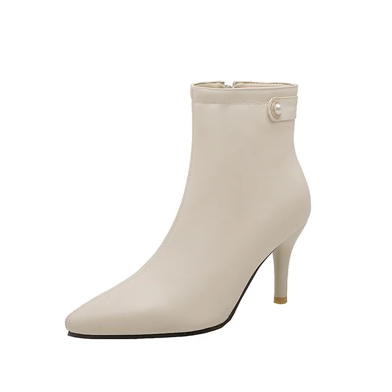 YMECHIC-Botines de tacón alto para mujer, botas cortas con cremallera y punta estrecha, color Beige, sexys, para otoño e invierno, 2022