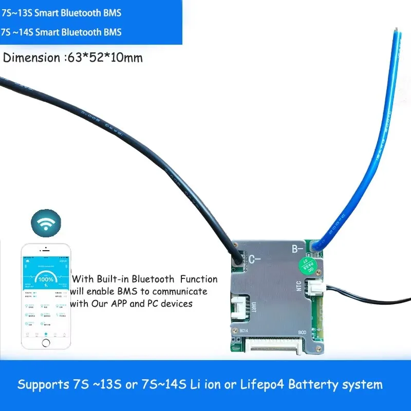7S 8S 9S 10S 11S 12S 13S 14S Smart Bluetooth BMS with UART Communication for 24V 36V 48V Lithium ion or Lifepo4 Battery