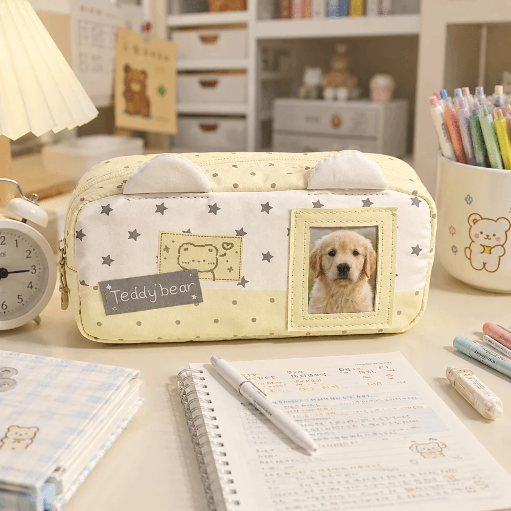 Star Print Polka Dot Pencil Case Photo Card Slot Multi-Functional Bear Ear Pen Bag Lightweight Durable Stationery Organizer