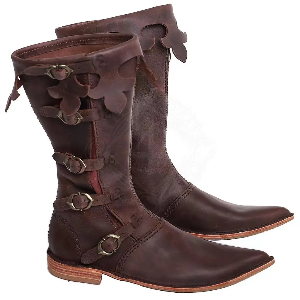 Unique Leather Scallop-Edge Knee-High Boots Multi-Buckle Pointed Toe Boots Edgy Street Style & Special Occasion Footwear