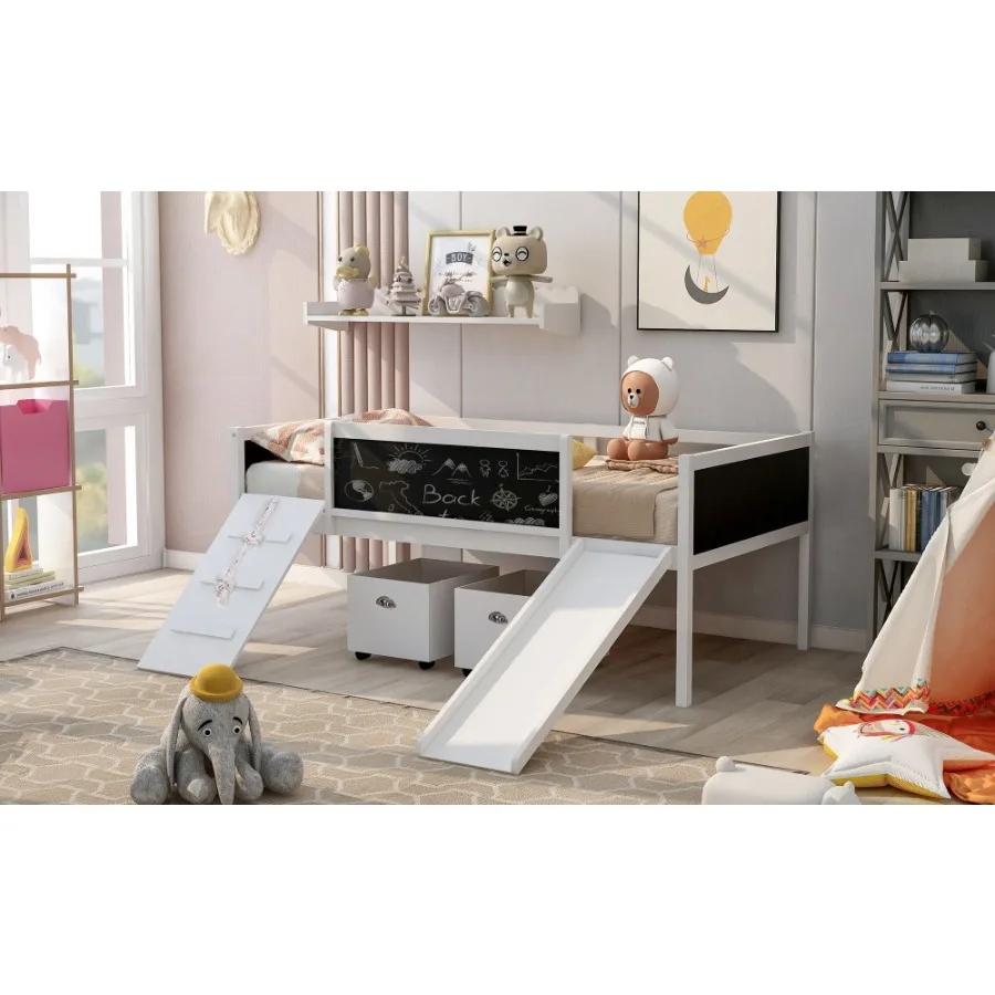 Twin size Loft Bed Wood Bed with Two Storage Boxes - White old sku: LP000075AAK