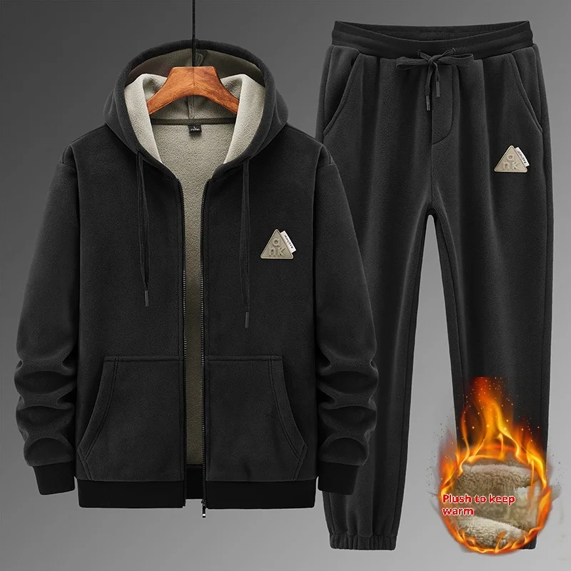 Winter Herren Woll-Hoodie-Hosen-Set, Plüsch Verdickter Warmer und Winddichter Sportanzug Herren Winter Plüsch-Hoodie Trainingsanzug 2-teiliges Set – Detail 5