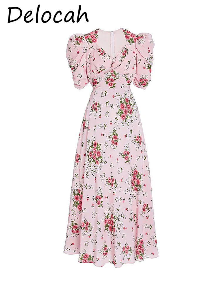 Delocah francês verão rosa impressão magro 2024 novo irregular super bonito cetim rico família filha vestido longo