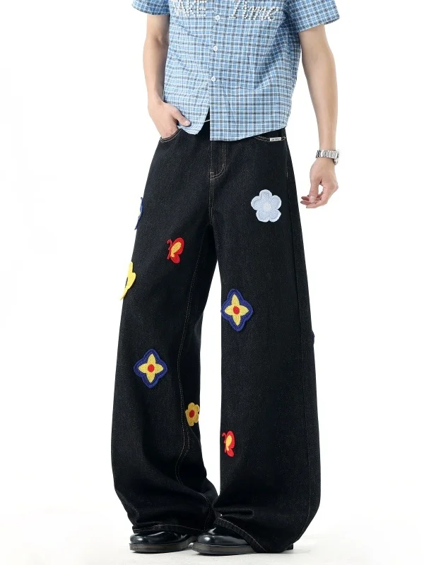 Calças Jeans Estilo Americano Bordadas de Perna Larga para Homens e Mulheres, Moda de Verão, Calças Flare com Corte de Faca, ...