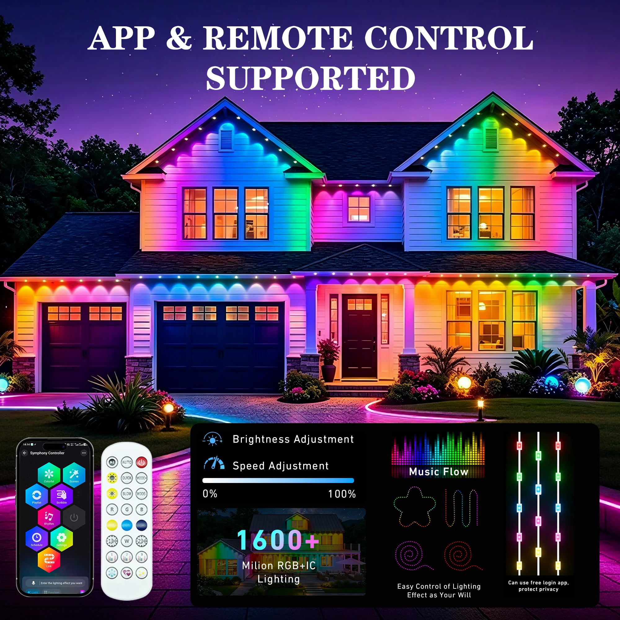 100FT Permanent Outdoor Lights RGBIC Eave Decor, IP67 Waterproof Color Changing LED House Eave Lighting, Smart APP & Remote Control Music Sync Outdoor LED Roof Lights, Timable DIY Scene Lights for Holiday, Patio,