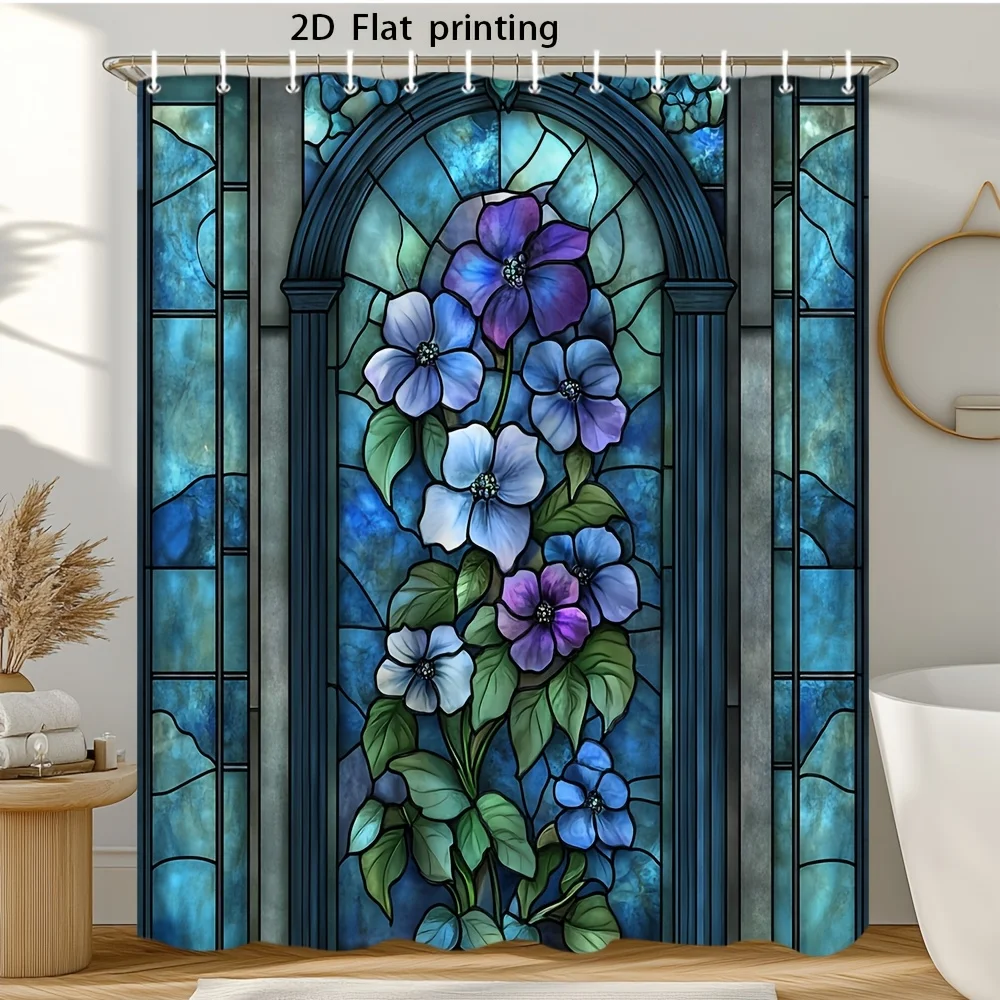 

Элегантная витражная занавеска для душа (1 шт.) - сине-фиолетовый и зеленый цветочный дизайн, полупрозрачная перегородка для ванной комнаты
