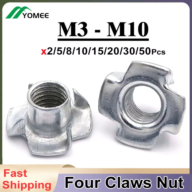 2-50Pcs M3 M4 M5 M6 M8 M10 Four Claws Nut T-nut Blind Pronged Insert T-Nut for Wood Furniture Accessories