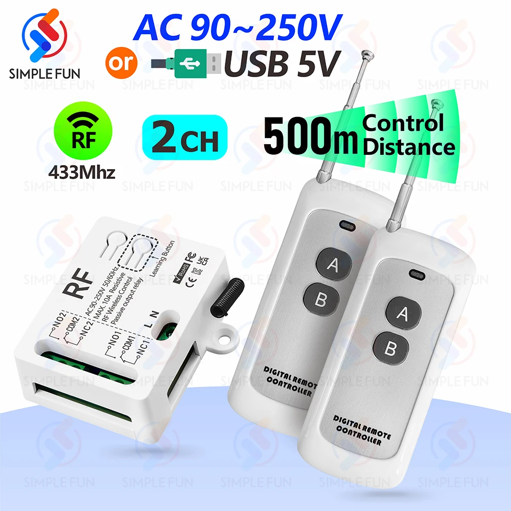 

433MHz Wireless Remote Control Light Switch 2 CH,AC 110V 220V RF Relay,500m Control Distance,for Lamp/Motor/Garage Door Opener