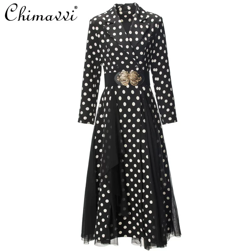 ファッションラペルレオパード柄長袖ダブルブレストベルト付きワイドヘムトレンチコート秋冬新作長袖エレガントコート