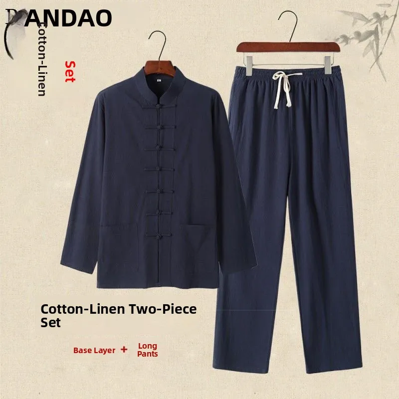 

Мужской хлопковый льняной костюм Long Sve Tang, чайная церемония, дзен, медитация, древний Sle, весенне-осенняя этническая одежда, повседневная одежда