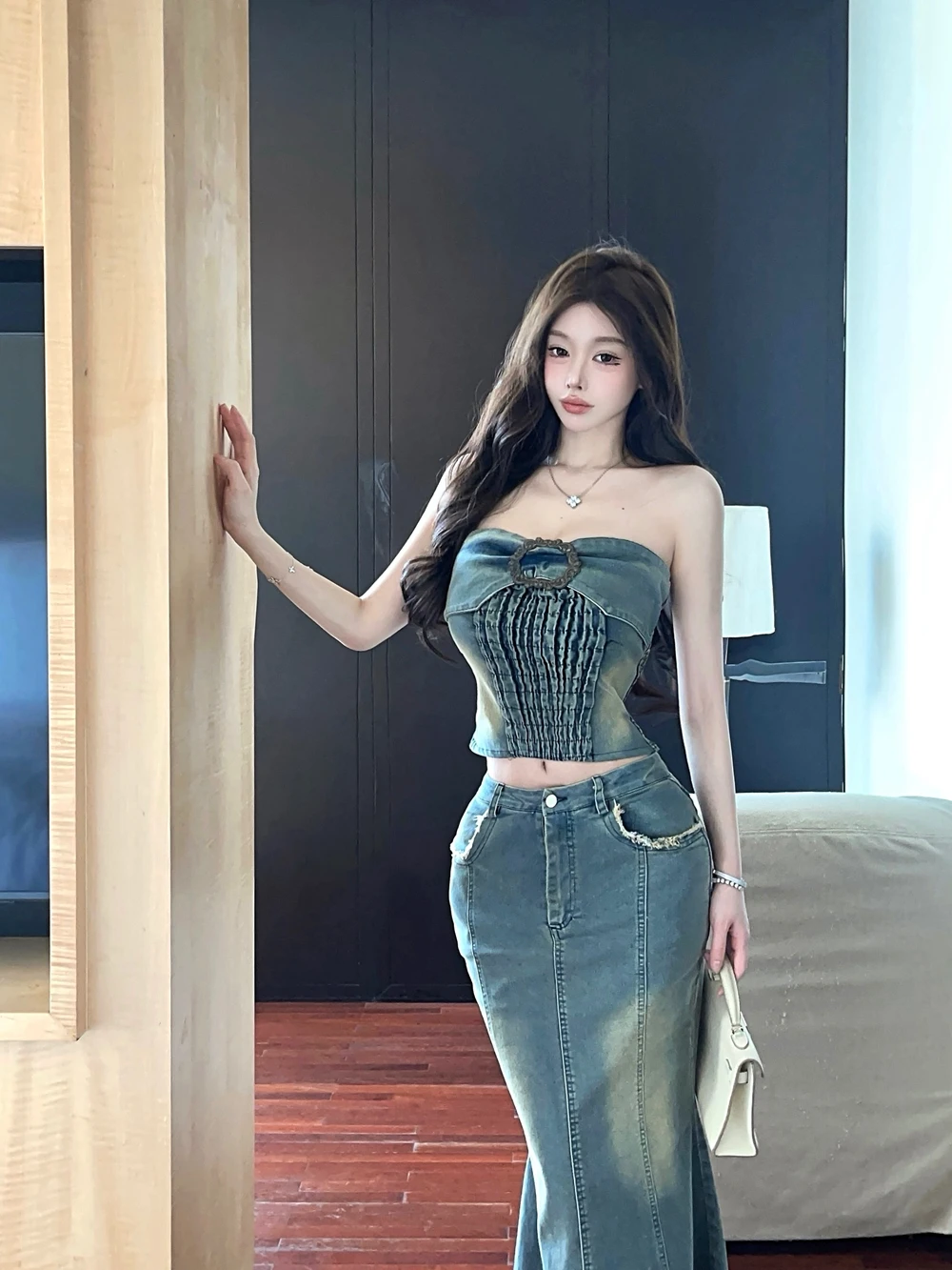 

Denim Suit Women's Spring Pure Sexy Retro Strapless Top High-waisted Long Skirt Two-piece Set Fashion Female Clothes