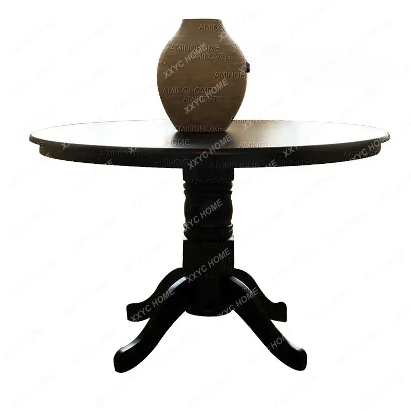 XX Retro Solid Wood Round Dining Table Household Black Round Table Medieval Furniture Simple