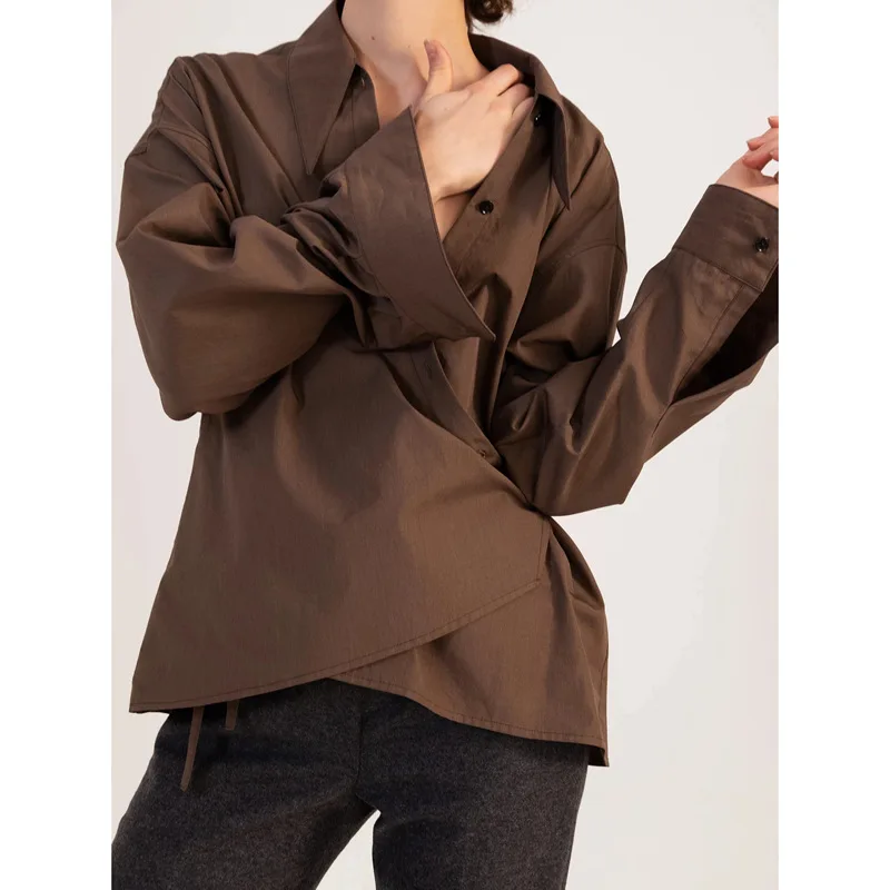 

Women'S L * M Wrap Shirt Spring And Summer Casual Commuter Loose Lapel Long-Sleeved Blouse Tops