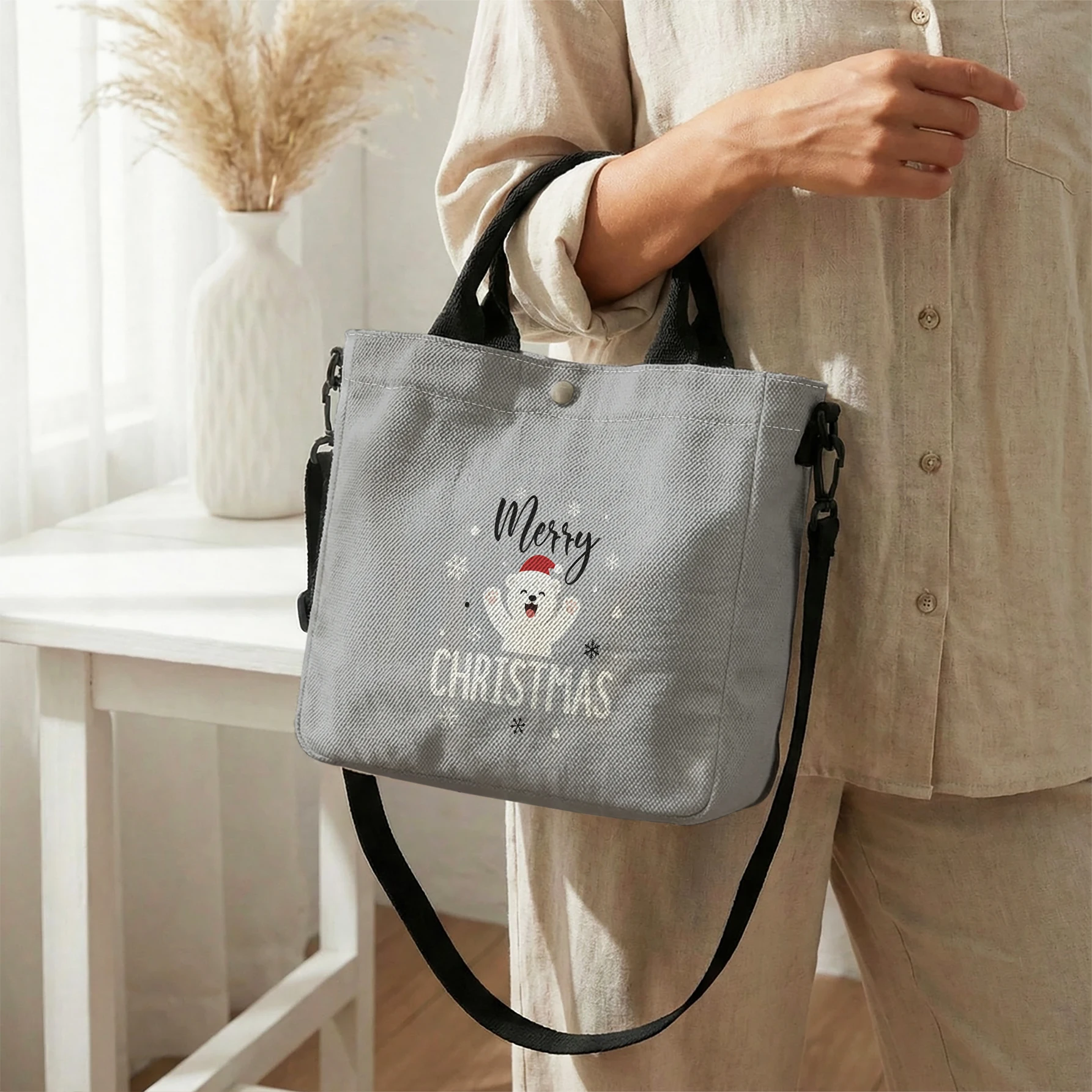 Merry Christmas Puppy Print Tote Bag, Detachable Strap Crossbody Handbag For Daily Work Shopping