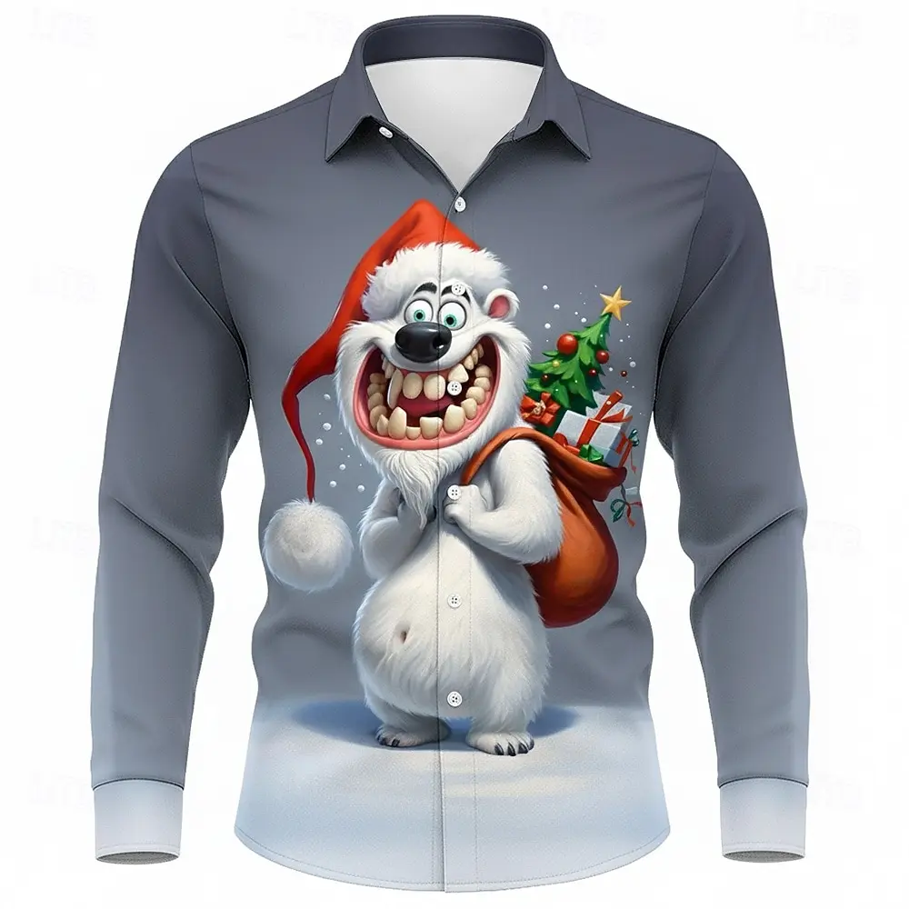 Cartoon Christmas Elk Print Men's Long-sleeved shirt Autumn Casual Lapel Top Fashion 3D Santa Claus Pattern Shirts X'mas Clothes
