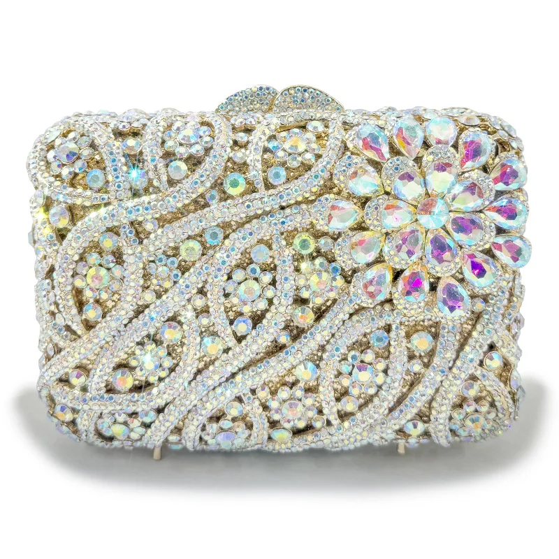 

Luxury Diamond Evening Clutch Purse Black/Sky Blue Flower Rhinestone Wedding Party Bag Lady Pink Crystal Bridal Handbag