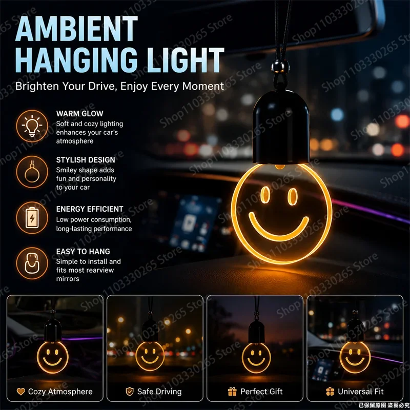 1Pcs Perfect Gift Cute Smiley Face Car Hanging LED Ambient Light Warm Glow Rearview Mirror Interior Decor Accessory