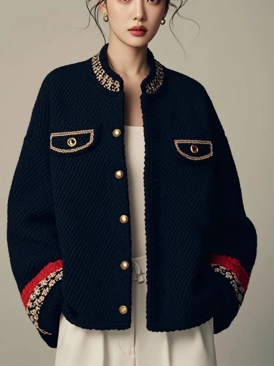 

Tweed Jacket Beige Womens Autumn Buttoned Button-Embellished Decoration Placket Embroidery Seams Stitched Pleated Lined Harajuku