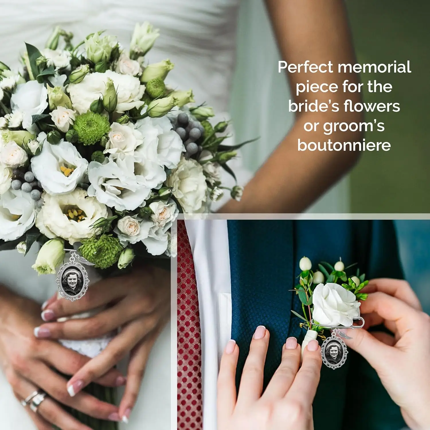 Hochzeitsstrauß-Foto-Charm, ovale Boutonniere-Anstecknadel mit Schutzengel-Flügel und Foto-Rückstellungssoftware für die Braut oder Familie des Bräutigams – Detail 4