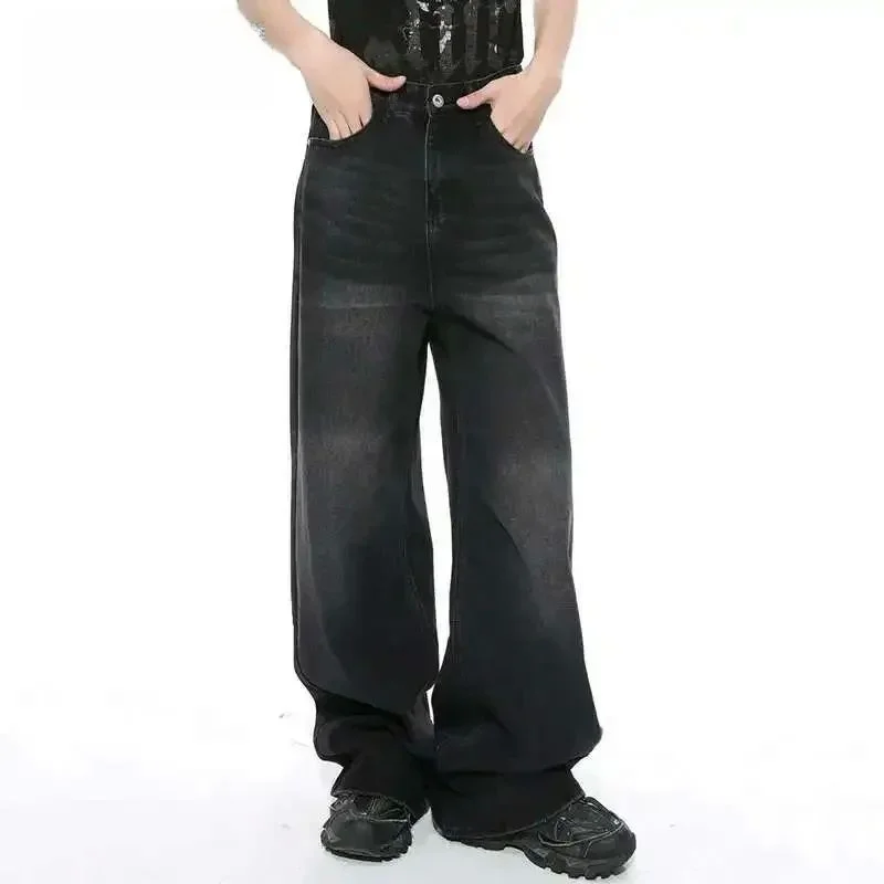 

IEFB Vintage Gradient Color Worn out Male Jeans Wide Fit Neutral Drawstring Closure Casual Non-Shrinkable Denim Pants