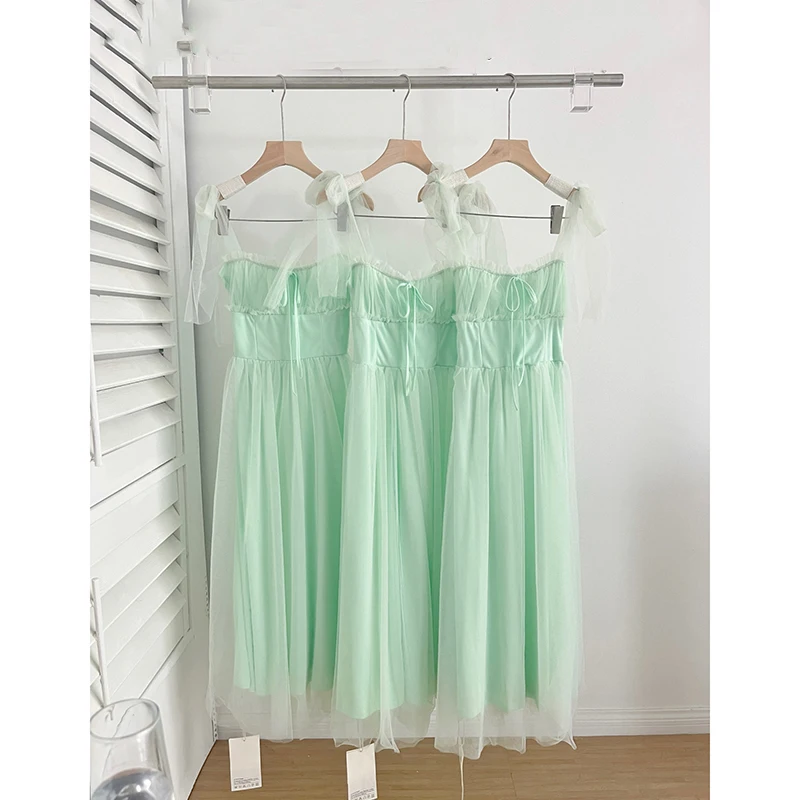 Vestido camisola de malla verde para mujer, vestido largo de tirantes finos para vacaciones en la playa, moda coreana, Vestidos femeninos Harajuku dulces