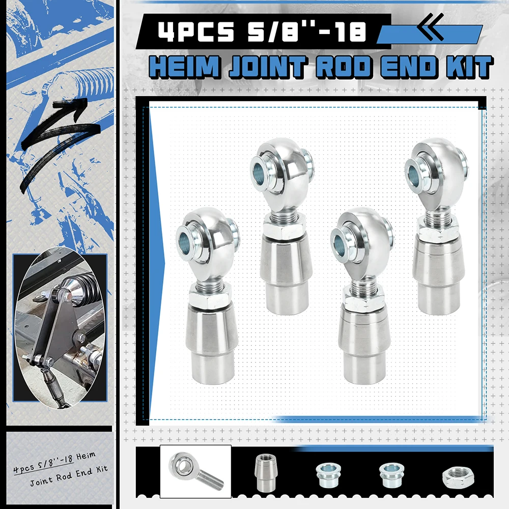 4pcs 5/8''-18 Heim Joint Rod End Kit W/ Spacers, Tube Adapters & Jam Nuts 0.625'' Chromoly Joints Heat Treated