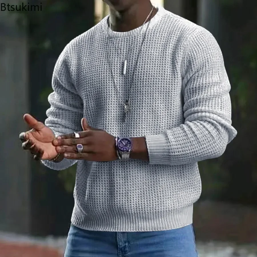 New 2025 Men's Waffle Knitted Sweaters Solid Loose Casual O-neck Pullover Tops Spring Autumn Long Sleeve Sweatshirt Male Sweater