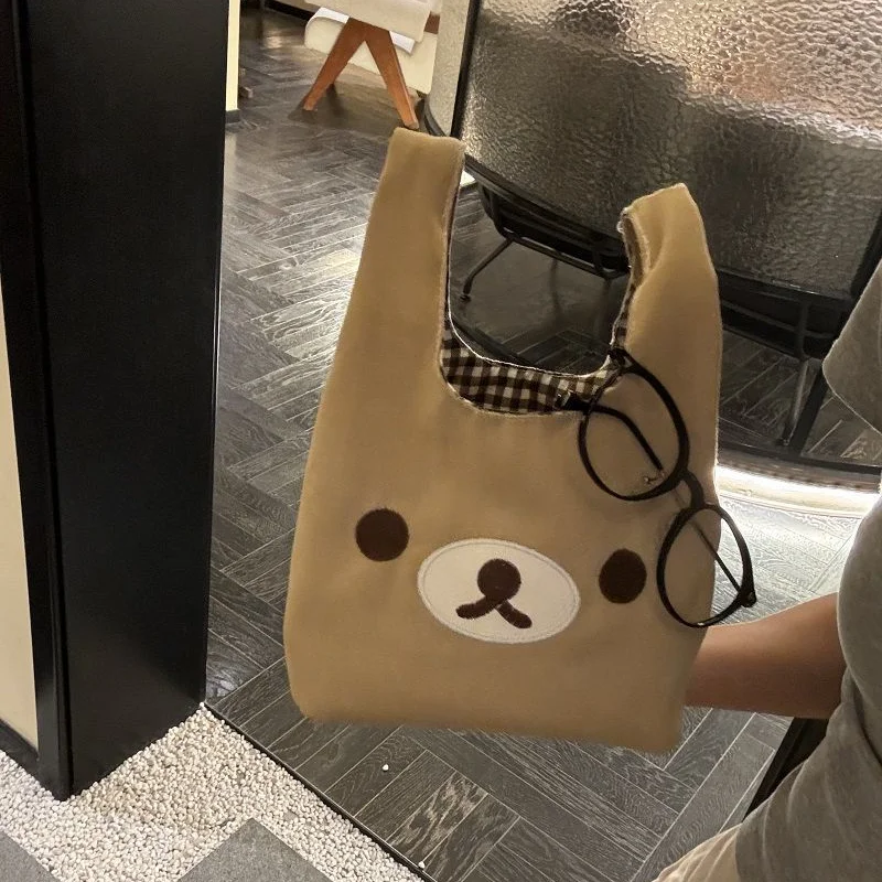 Cartoon Bear Mini Hand Tote Purse Canvas Wrist Bag Plaid Lining Daily Commute Small Bag