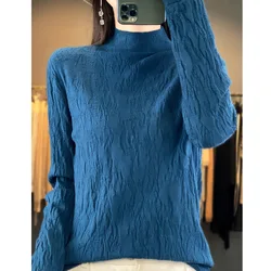 2026 Women Sweater Half High Collar Knitted Shirts Slim Fit Pullovers Stripe High Strecth Autumn Winter Warm Bottoming Shirts