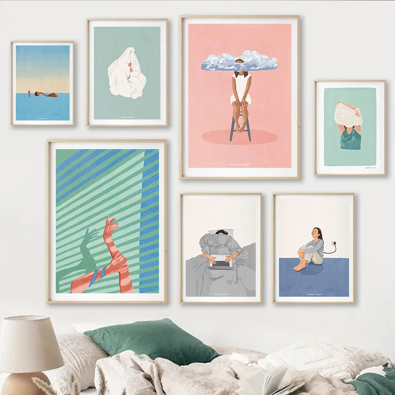1pc frameless Canvas Painting (No frame)1pcsAbstract Girl Daily Life Wall Art Swim Sleeping Coffee Canvas Painting Minimalist Po
