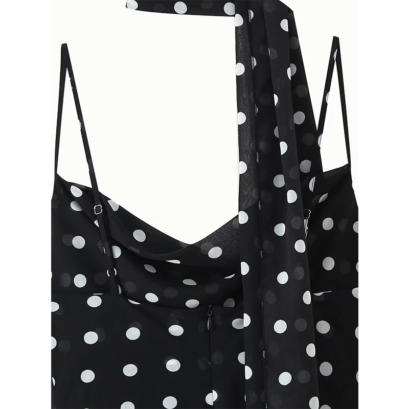 YENKYE レトロな水玉模様とスカーフ付きスリングロングドレス レディース セクシーなVネック ラッフルサマードレス ホリデー エレガント パーティー マキシドレス