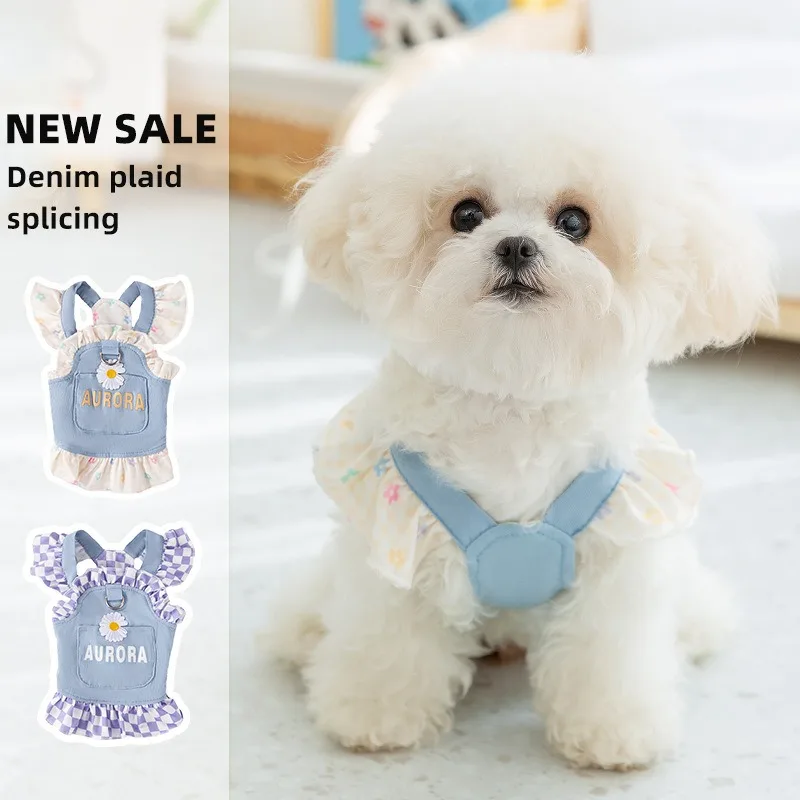 

Chihuahua Puppy Princess Dress Summer Dog Denim Dress Flower Pet Clothing Korean Teddy Clothes Leashable Dog Vests