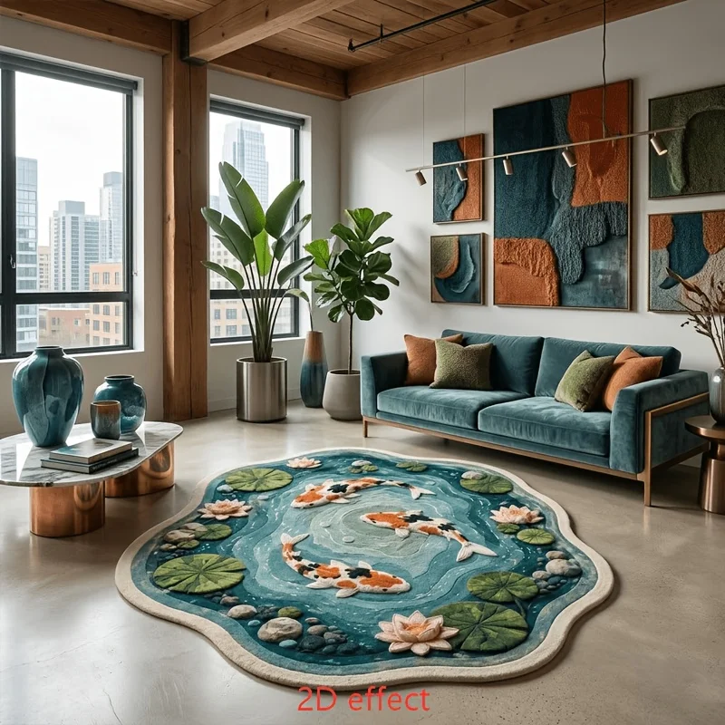 VIKAMA Irregular Rug 2D Koi Fish Pond Pattern Washable Anti Slip Floor Mat Modern Living Room Home Decor Carpet