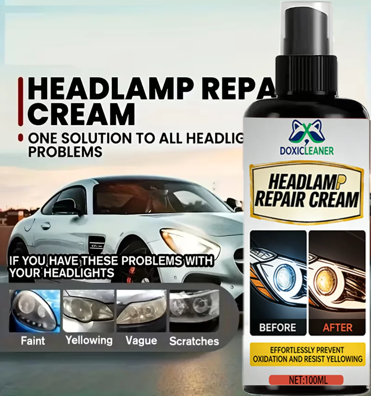 Professional car headlight repair paste - Easy-to-use car light maintenance kit, restore oxidized, yellowed, and blurry headligh