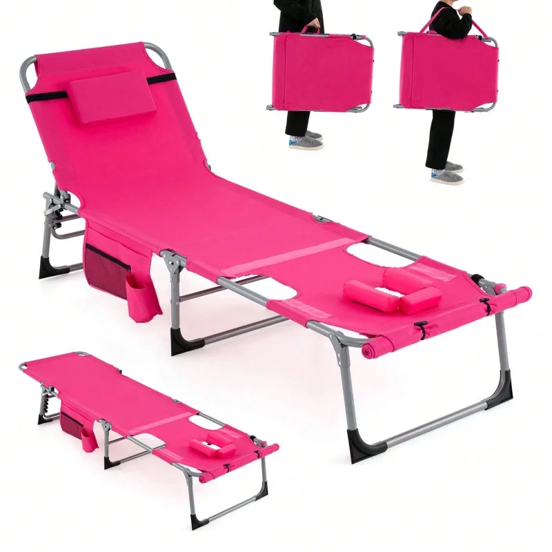 Outdoor Folding Chaise 5-Position Lounge Chair With Face Hole &Adjustable Footrest Colorful