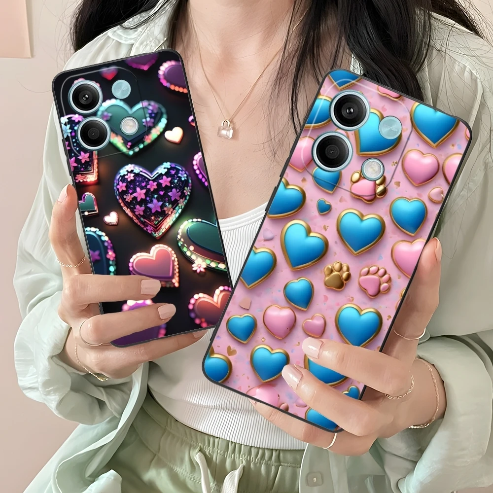 Y2K Glowing Love Hearts Mobile Phone Case for Xiaomi Redmi Note 13 12 11 10 9 8 7 6 S A Pro Lite Plus 5G Black Phone Cover Shell