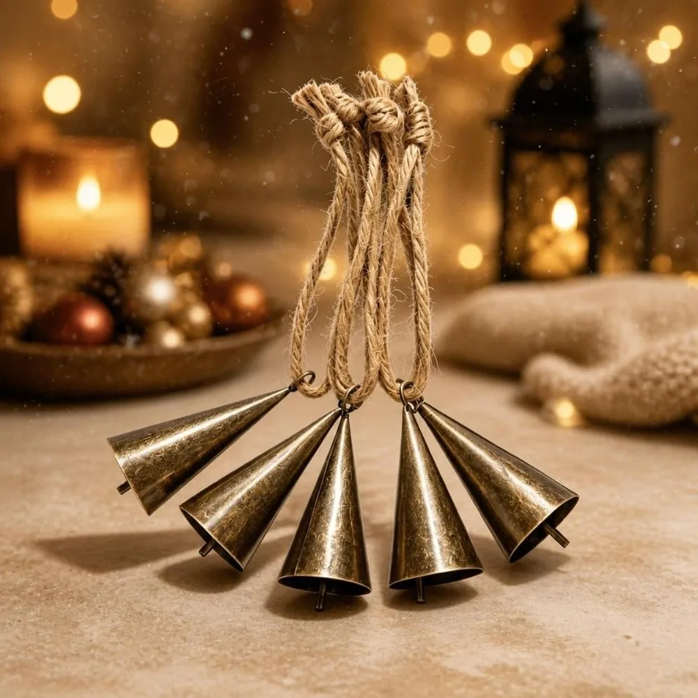 Vintage Hangable Christmas Cone Metal Bell Conical Antique Finished Hanging Bell Durable Bronzed Craft Bell Festival Ornament